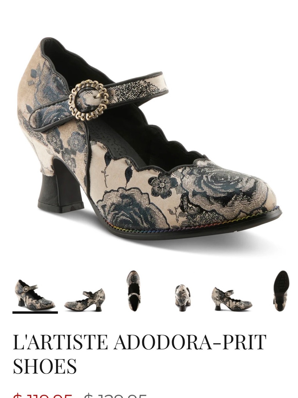L'ATISTE Black and Beige Floral Scalloped Mary Jane Heels